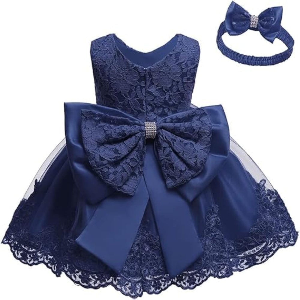 Bowknot Baby Girl Baptism Christening Ball Gown Dresses Toddler Wedding Bridesmaid Family Photos Shoot Lace Tutu Dress 12M Navy Blue