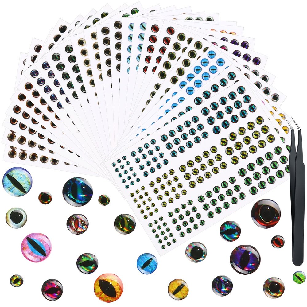 Skylety 2196 Pcs Fishing Lure Eyes 3D Artificial Eyes Stickers Assortment with 1 Piece Tweezer for Fishing Baits DIY Accessory, 3/4/ 5/6 mm