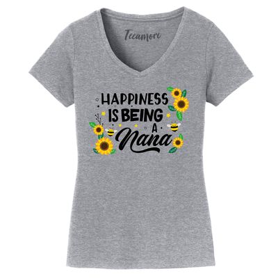 Happiness is Being A Nana Shirt Cute Floral Women V Neck T-Shirt