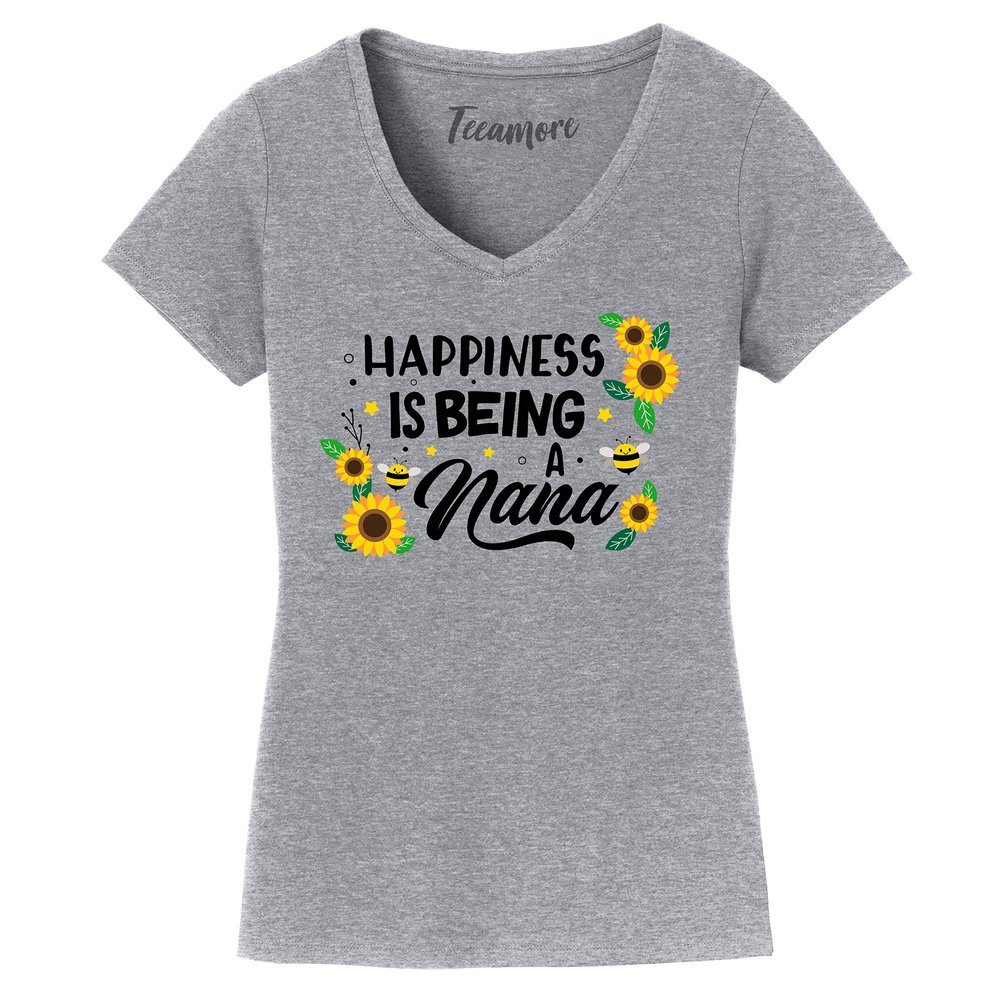 Happiness is Being A Nana Shirt Cute Floral Women V Neck T-Shirt
