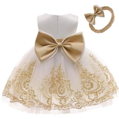Christening Embroidery Lace Birthday Christmas Easter Flower Baby Girl Dress Princess Formal Prom Tutu Ball Gown 3M White Gold 60