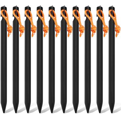 10 Pack Heavy Duty Aluminum Tent Stakes with Reflective Pull Ropes, Triangular Ground Pegs
