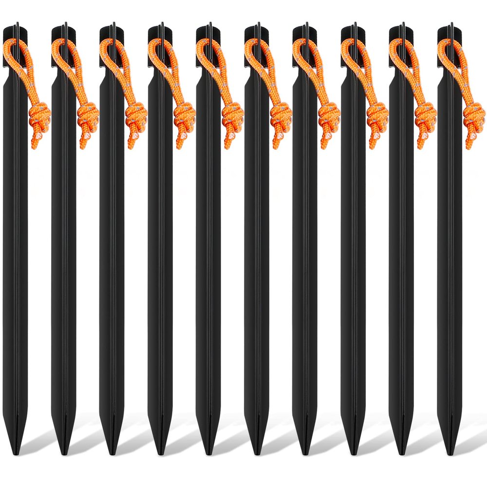 10 Pack Heavy Duty Aluminum Tent Stakes with Reflective Pull Ropes, Triangular Ground Pegs