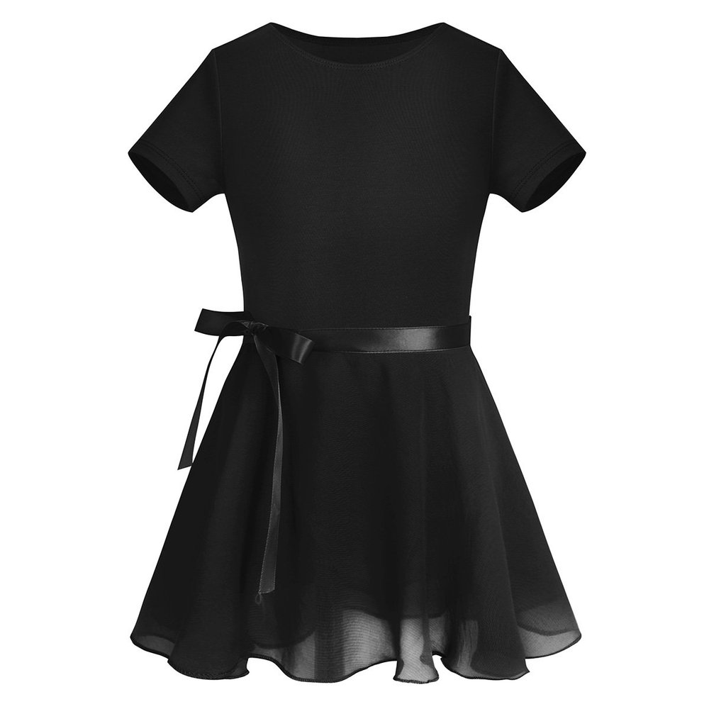 Jowowha Girls Dance Dress Short Sleeve Ballet Gymnastics Leotard Chiffon Wrap Tutu Skirt Ballet Performance Dance Wear Black 3-4