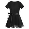 Jowowha Girls Dance Dress Short Sleeve Ballet Gymnastics Leotard Chiffon Wrap Tutu Skirt Ballet Performance Dance Wear Black 3-4 view 1