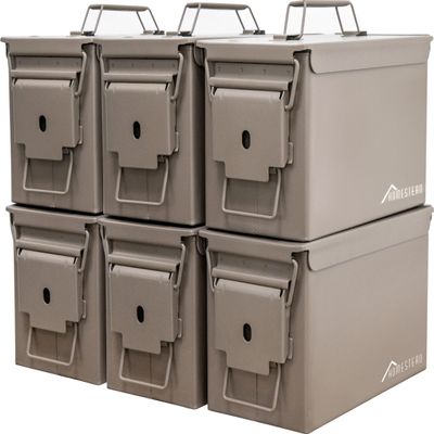 HOMESTEAD 50 Cal Metal Ammo Can 6-Pack M2A1 Military Steel Ammo Storage Box, Airtight & Water-Resistant Ammo Containers for Long-Term Storage, Dark Brown
