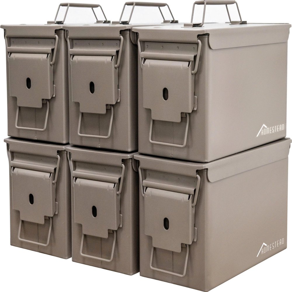 HOMESTEAD 50 Cal Metal Ammo Can 6-Pack M2A1 Military Steel Ammo Storage Box, Airtight & Water-Resistant Ammo Containers for Long-Term Storage, Dark Brown