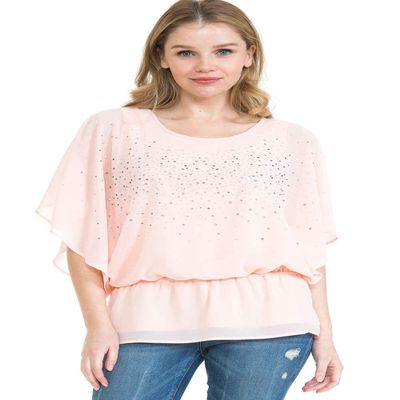 LEEBE Women and Plus Size Double-Layered Print Chiffon Poncho Blouse Top (Small-5X) (1X, Dusty Pink Studded)