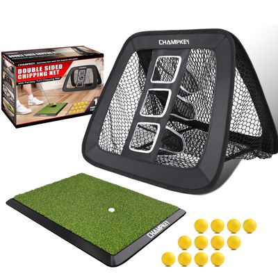 CHAMPKEY Double -Sided Golf Chipping Net with Mat and 12 Foam Balls - Professional Golf Practice Net Ideal for Indoor and Outdoor Training
