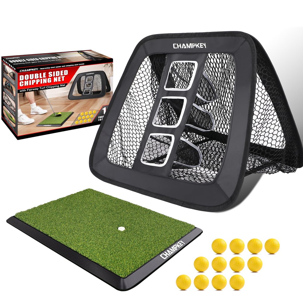 CHAMPKEY Double -Sided Golf Chipping Net with Mat and 12 Foam Balls - Professional Golf Practice Net Ideal for Indoor and Outdoor Training