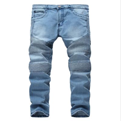 Andongnywell mid Waist Motorcycle Men's Slim Fit Pleated Slim Leggings Elastic Jeans Trousers with Zipper Button Pocket (Blue,39)