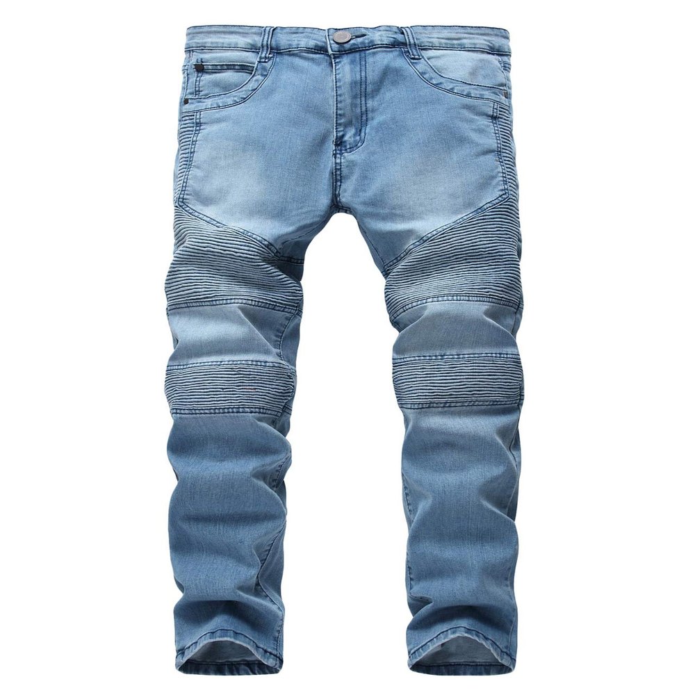 Andongnywell mid Waist Motorcycle Men's Slim Fit Pleated Slim Leggings Elastic Jeans Trousers with Zipper Button Pocket (Blue,39)