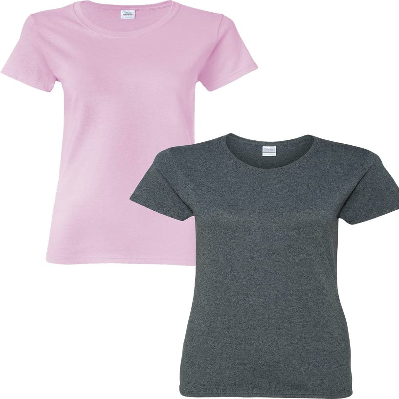 Gildan Women's Heavy Crewneck Cap Sleeve, 2-Pack LightPink-DarkHeather Large