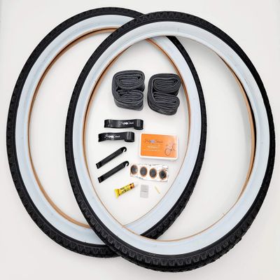 Holy Shinobi Beach Cruiser, Durable Wire Bead Tires White Sidewall, Whitewall 24 x 2.125 Replacement Bike Tire Bundle Kit, 24x1.75/2.125 Inner Tube, 24 in Rim Lining Strips, and Set of Levers