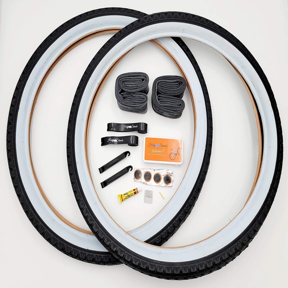 Holy Shinobi Beach Cruiser, Durable Wire Bead Tires White Sidewall, Whitewall 24 x 2.125 Replacement Bike Tire Bundle Kit, 24x1.75/2.125 Inner Tube, 24 in Rim Lining Strips, and Set of Levers