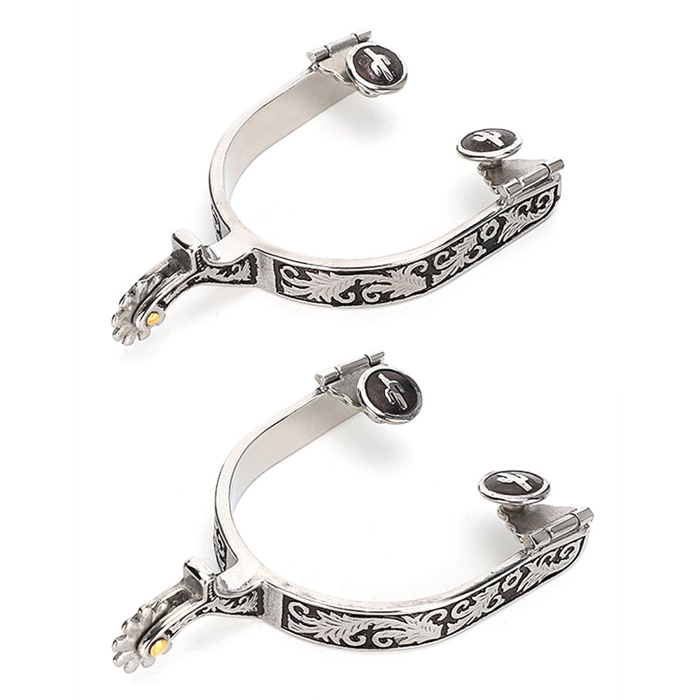 Horse Spurs,1 Pair Boot Spurs Roller Ball Spurs 3.35x3.15inch Stainless Steel Silver Engraved Bumper Spurs Style Horse Boot Spurs with Gear for Horse Training