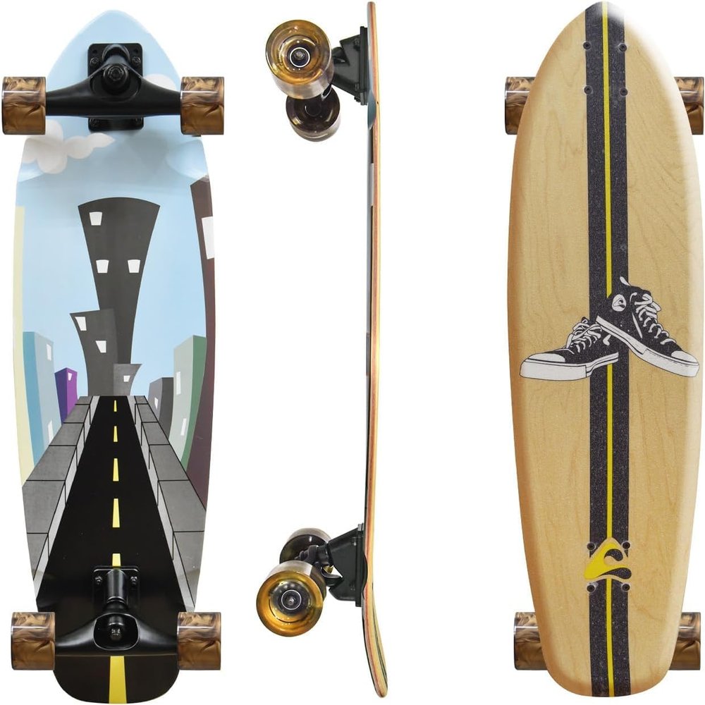 Abrazo 33x9.5 Pro Cruiser Skateboard for Kids Teens & Adults,Surfskate Board,7-Layer Canadian Maple Wood Double Kick Concave Deck,ABEC-9 Bearings,70mm Wheels,Aluminum Trucks
