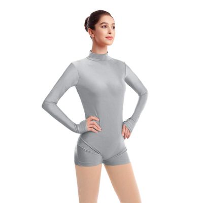 IWEMEK Women Mock Neck Gymnastics Dance Leotard Boyshorts Long Sleeve Bodysuit Ballet Dancewear Biketard Adult Plus Size Shorts Jumpsuit One Piece Spandex Turtleneck Bodycon Romper Overall Gray Small