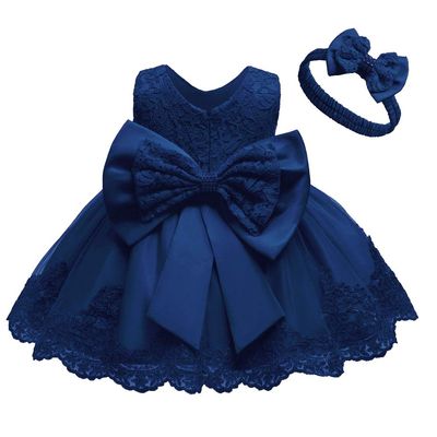 Toddler Baby Girls Formal Dresses Infant Bowknot Embroidery Tutu Lace Gown Dress Kids Pageant Party Wedding Birthday Flower Dresses Size 18M (Navy Blue 18M)