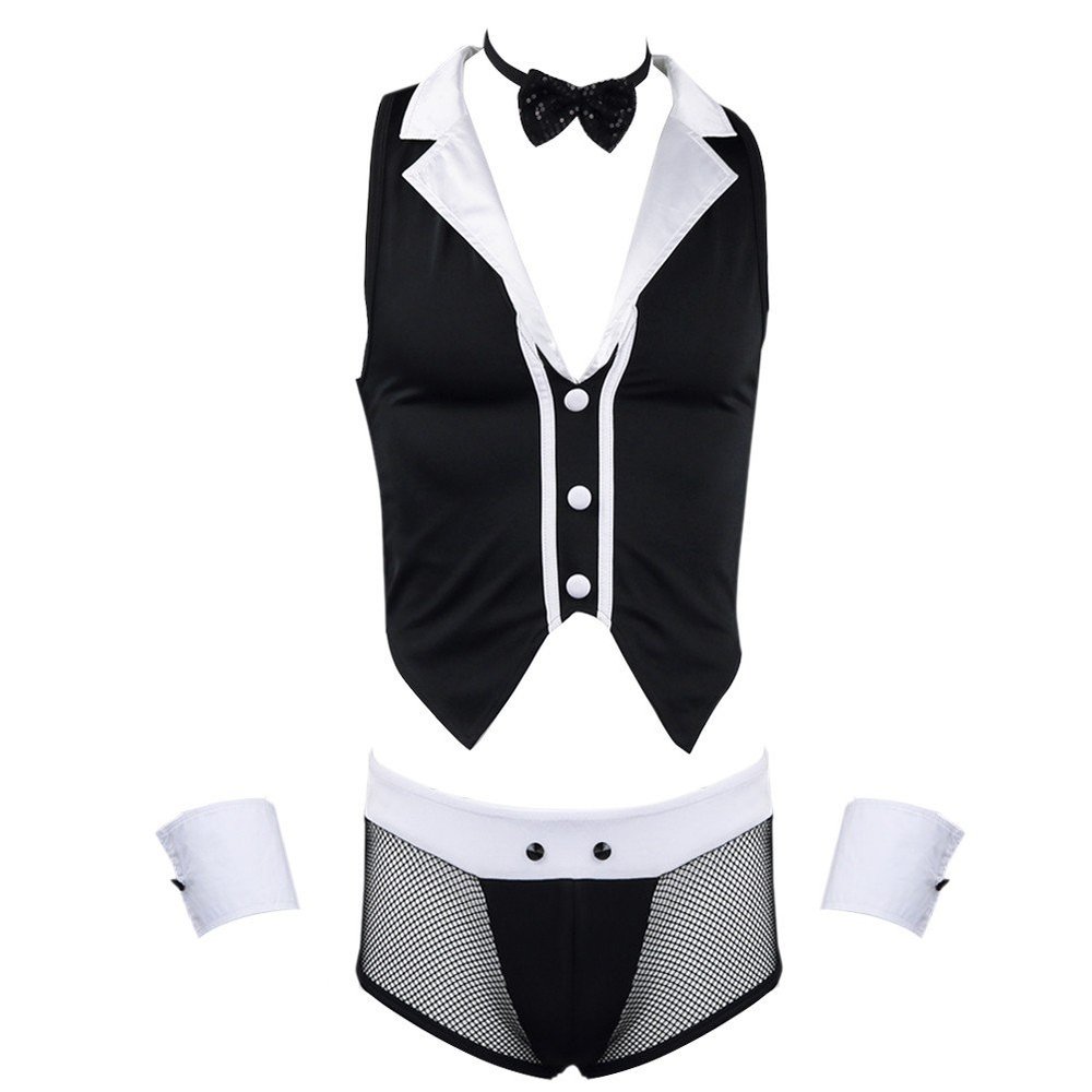 LiiYii Men's Sexy Maid Cosplay Outfits Lingerie Set Vest Tank Tops with Boxer Briefs Black One Size