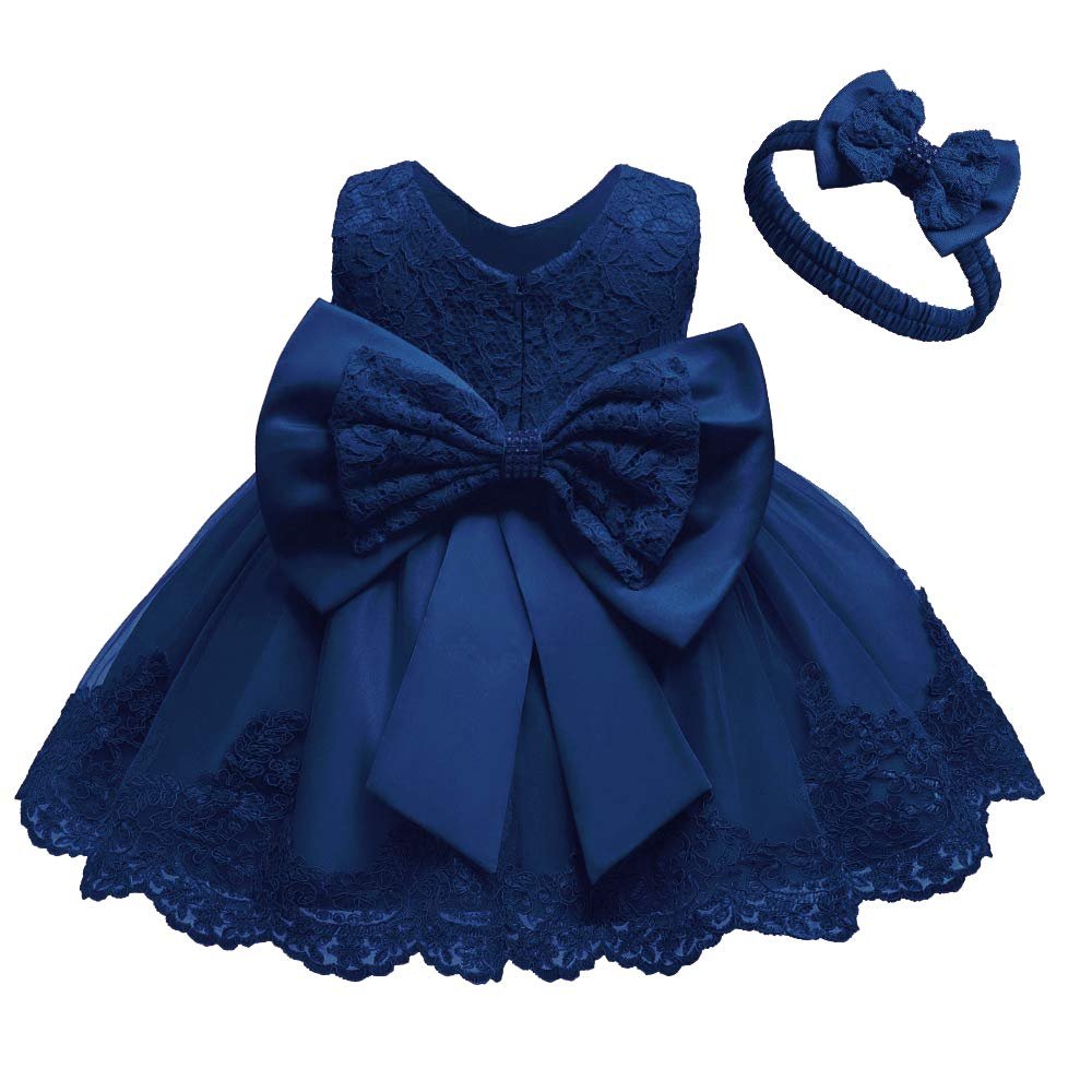 Toddler Baby Girls Formal Dresses Infant Bowknot Embroidery Tutu Lace Gown Dress Kids Pageant Party Wedding Birthday Flower Dresses Size 2T 3T (Navy Blue 90)