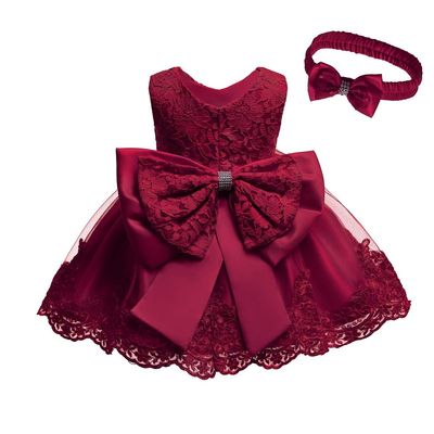 Toddler Baby Girls Formal Dresses Infant Bowknot Embroidery Tutu Lace Gown Dress Kids Pageant Party Wedding Birthday Flower Dresses Size 3M (Burgundy 3M)