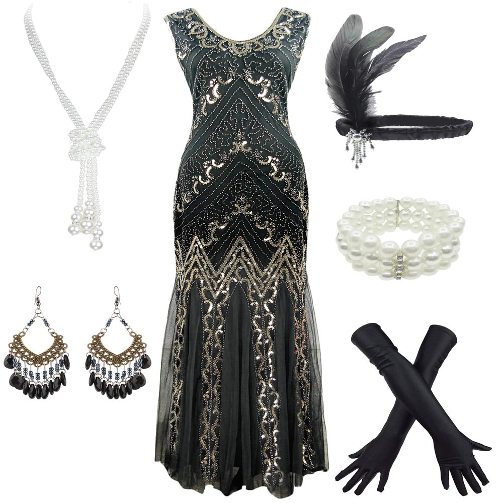 Women Evening Maxi Long Dress 1920s Sequin Mermaid Hem Wedding Prom Gown Costume w/ 20s Gatsby Accessories Set (Black Gold, Small)