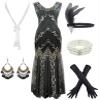 Women Evening Maxi Long Dress 1920s Sequin Mermaid Hem Wedding Prom Gown Costume w/ 20s Gatsby Accessories Set (Black Gold, Small) view 1