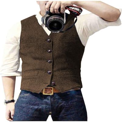 Tuikayoo Men's Tweed Suit Vest Herringbone Slim Fit Wool Dress Waistcoat Tweed V Neck for Groomsmen(3X-Large, Coffee)