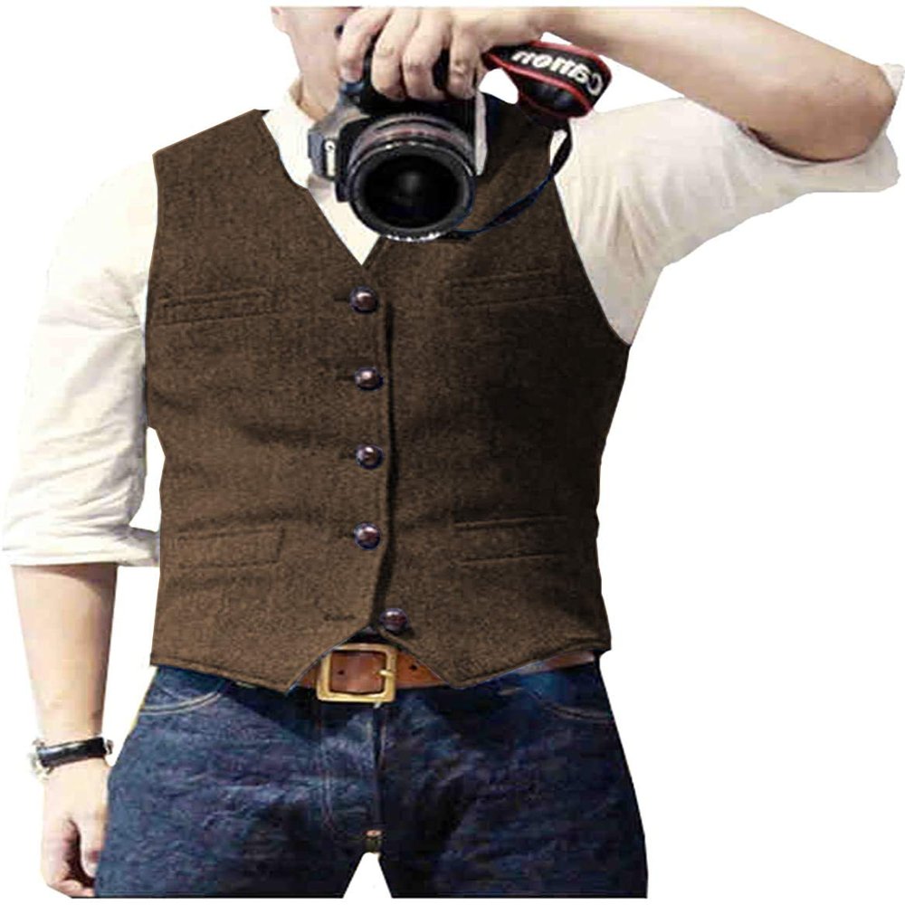 Tuikayoo Men's Tweed Suit Vest Herringbone Slim Fit Wool Dress Waistcoat Tweed V Neck for Groomsmen(3X-Large, Coffee)