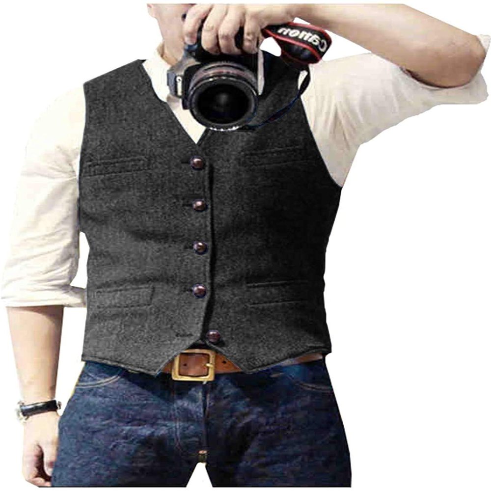 Tuikayoo Men's Tweed Suit Vest Herringbone Slim Fit Wool Dress Waistcoat Tweed V Neck for Groomsmen(3X-Large, Black)