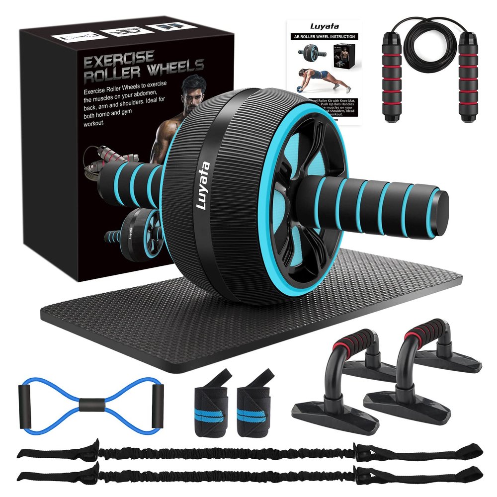Ab Roller Wheel, 10-In-1 Ab Exercise Wheels Kit with Resistance Bands, Knee Mat, Jump Rope, Push-Up Bar - Home Gym Equipment for Men Women Core Strength & Abdominal Exercise (Blue)