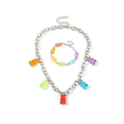 2-4Pcs Cartoon Resin Bear Necklaces Set Candy Color Lovely Teddy Bear Earrings Transparent Acrylic Gummy Rainbow Bear Bracelets for Women Charm Jewelry-B necklaes bracelets