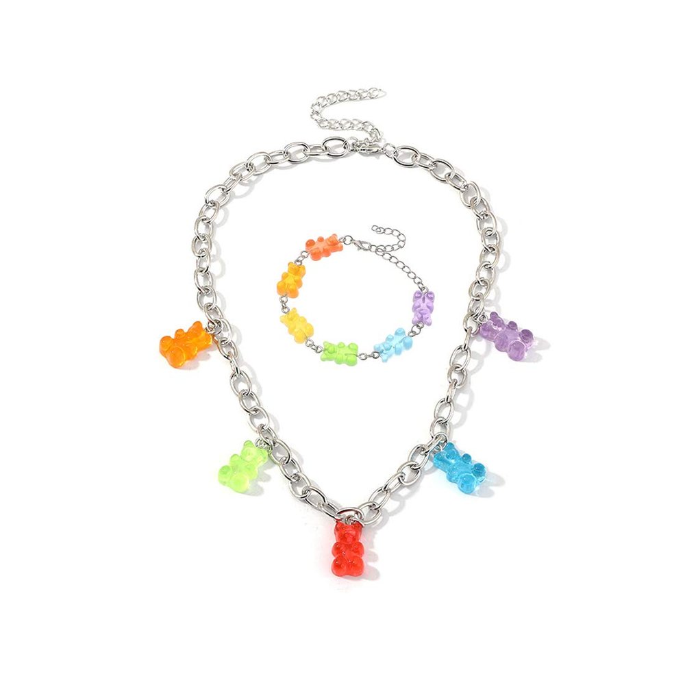 2-4Pcs Cartoon Resin Bear Necklaces Set Candy Color Lovely Teddy Bear Earrings Transparent Acrylic Gummy Rainbow Bear Bracelets for Women Charm Jewelry-B necklaes bracelets