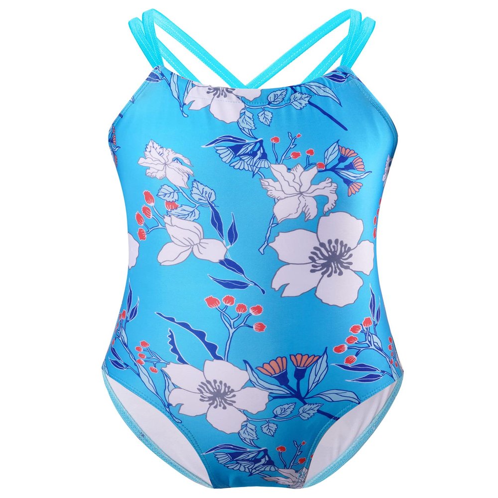 Kaerm Kids Girls One Piece Criss Cross Monokini Swimwear Floral Print Rash Guard Tankini Swimsuit Blue 3-4 Years