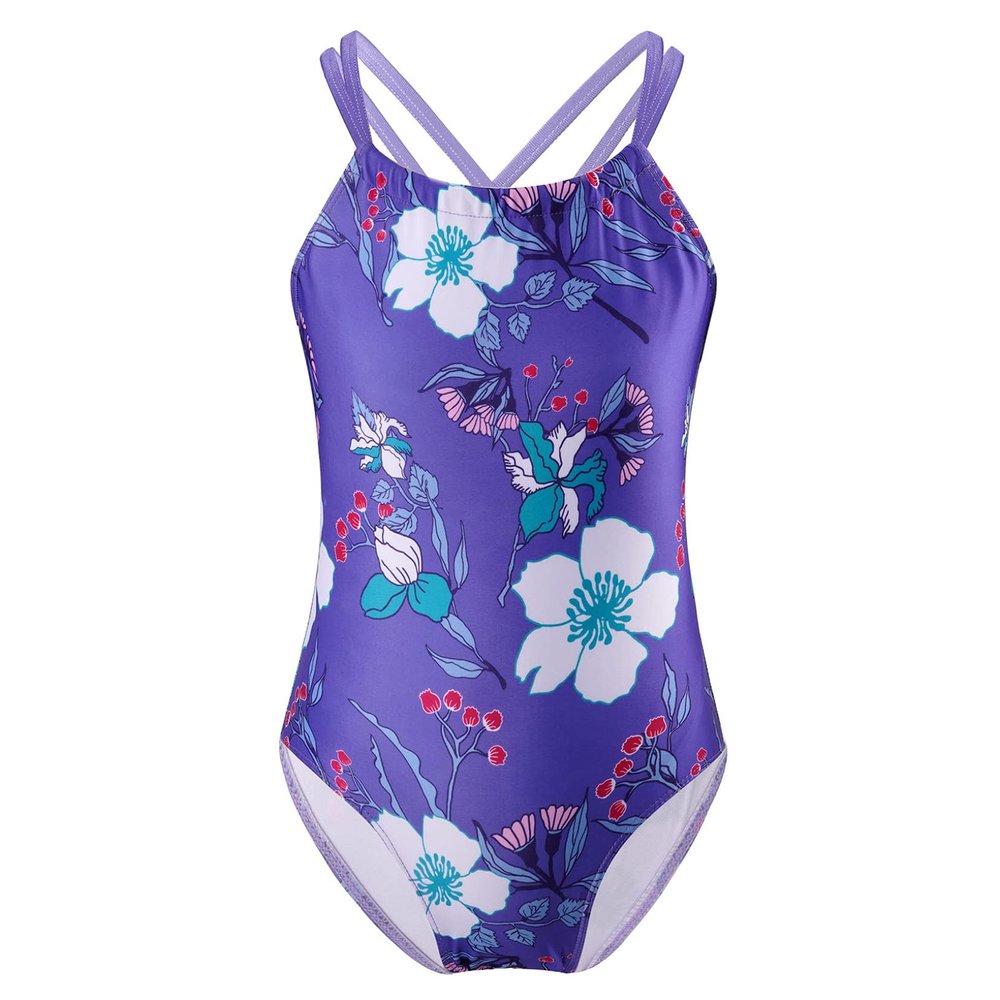 Kaerm Kids Girls One Piece Criss Cross Monokini Swimwear Floral Print Rash Guard Tankini Swimsuit Purple 5-6 Years
