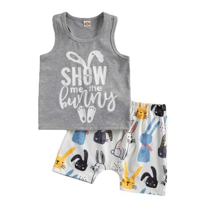 Kayotuas Toddler Baby Boy Easter Outfit Funny Letter Print Vest Tops Bunny Shorts Set 2Pcs Summer Clothes (A-Grey, 2-3T)