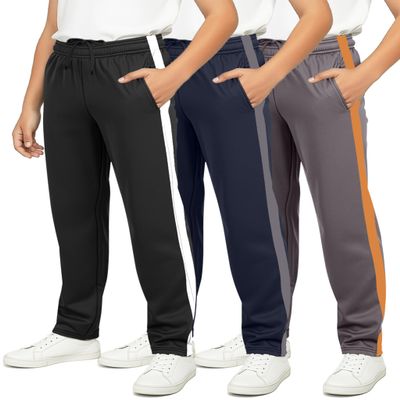 Real Essentials 3 Pack: Boys' Tricot Open Bottom Sweatpants - Athletic Running Pants with Pockets for Kids Teens Youth -Set 6,L (14-16)