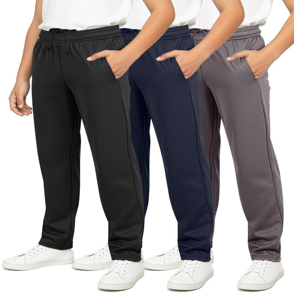 Real Essentials 3 Pack: Boys' Tricot Open Bottom Sweatpants - Athletic Running Pants with Pockets for Kids Teens Youth -Set 3,XL (18-20)