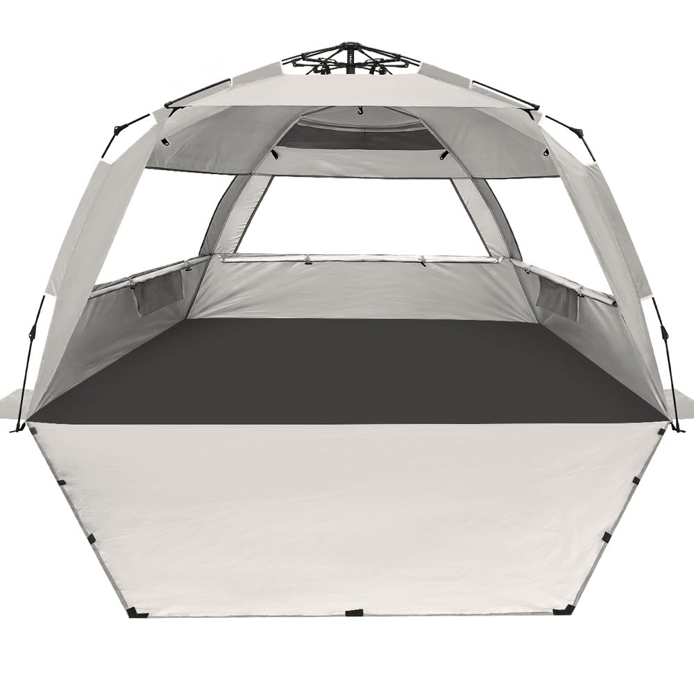 WhiteFang Deluxe XL Pop Up Beach Tent Sun Shade Shelter for 3-4 Person, UV Protection, Extendable Floor with 3 Ventilating Windows Plus Carrying Bag, Stakes, and Guy Lines (Baby's Breath)