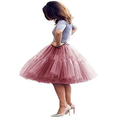 ELAWBTY Womens Knee Length Princess Petticoat Underskirt Tulle Tutu Skirt For Prom Party Dusty Pink S M L