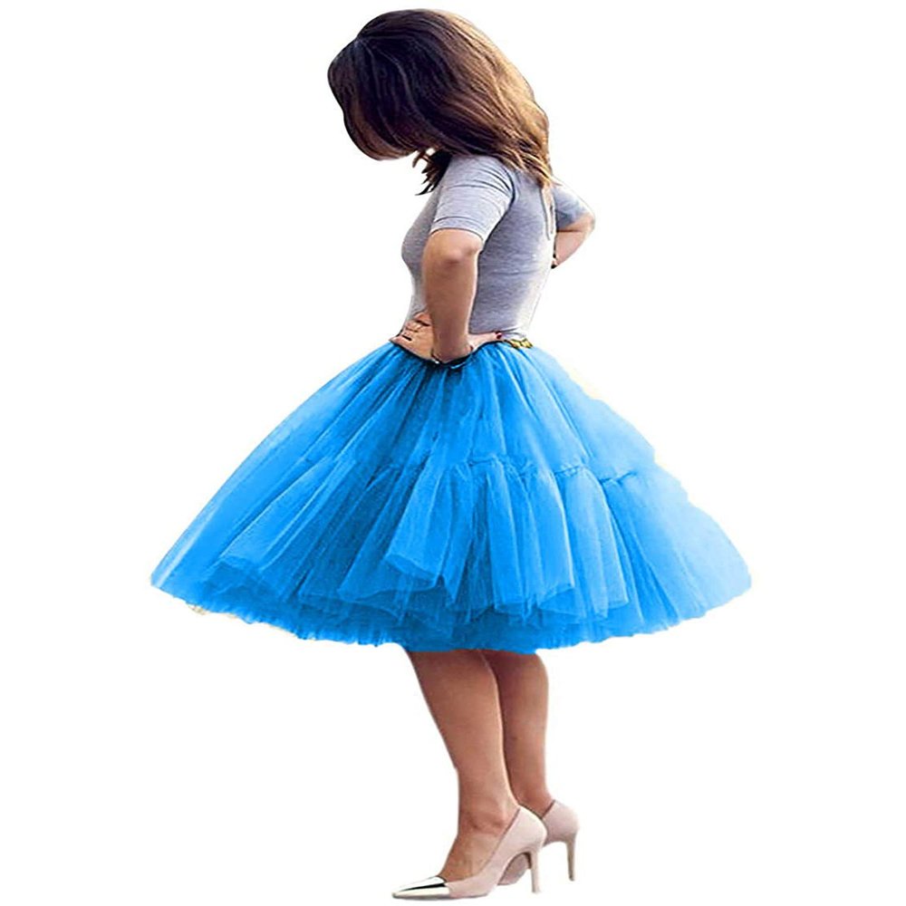 ELAWBTY Womens Knee Length Princess Petticoat Underskirt Tulle Tutu Skirt For Prom Party Blue XL