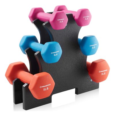 Philosophy Gym Neoprene Dumbbell Hand Weights with Stand, 20 lbs (2 lb, 3 lb, 5 lb Pairs) Multicolor