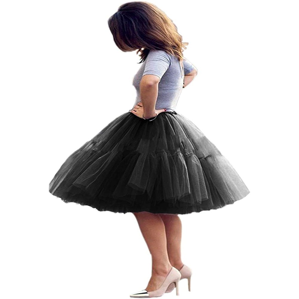 ELAWBTY Womens Knee Length Princess Petticoat Underskirt Tulle Tutu Skirt For Prom Party Black 5XL
