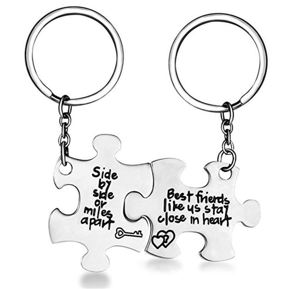 2 Pcs Best Friends Friendship BFF Keychain Set Puzzle Matching Heart Key Stainless Steel Pendant Relationship Long Distance for Women Teen Best Friends