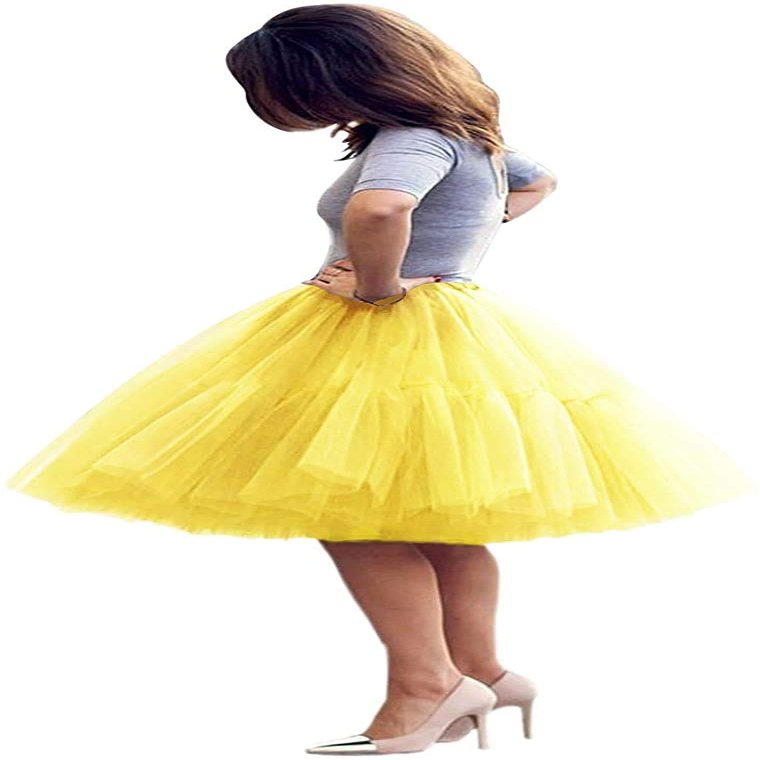 ELAWBTY Womens Knee Length Princess Petticoat Underskirt Tulle Tutu Skirt For Prom Party Yellow S M L
