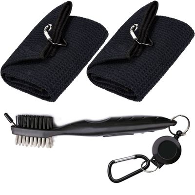Aebor Golf Towels, Microfiber Waffle Pattern Tri-fold Golf Towel - Brush Tool Kit with Club Groove Cleaner, with Clip Men Women Golf Gifts (2 Black Towel+Black Brush)