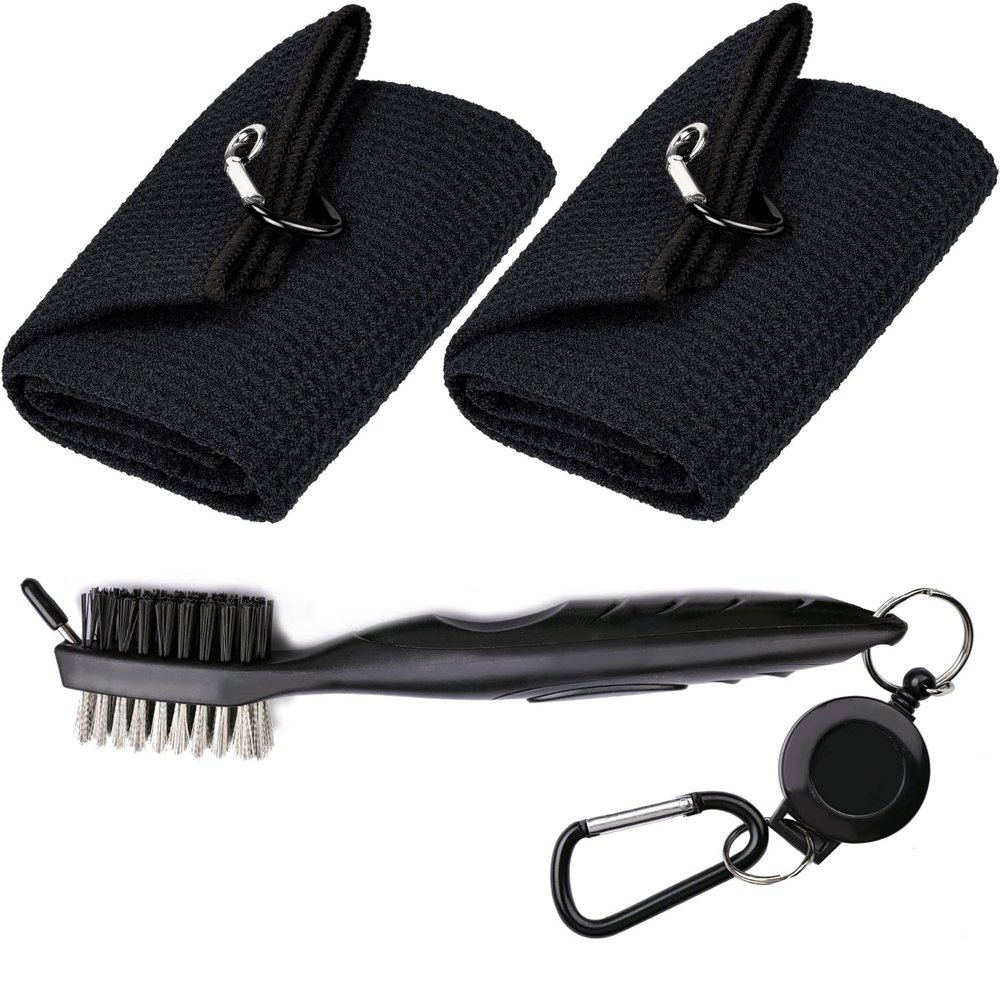 Aebor Golf Towels, Microfiber Waffle Pattern Tri-fold Golf Towel - Brush Tool Kit with Club Groove Cleaner, with Clip Men Women Golf Gifts (2 Black Towel+Black Brush)
