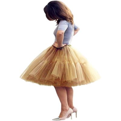 ELAWBTY Womens Knee Length Princess Petticoat Underskirt Tulle Tutu Skirt For Prom Party Gold XL