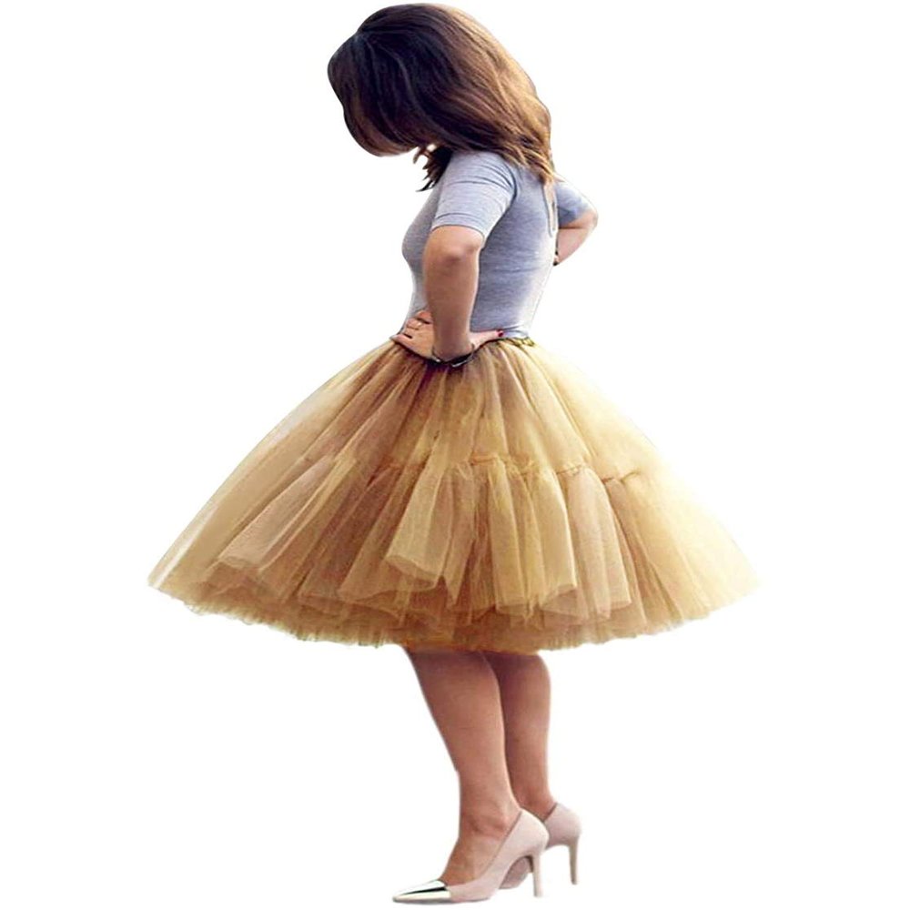 ELAWBTY Womens Knee Length Princess Petticoat Underskirt Tulle Tutu Skirt For Prom Party Gold XL